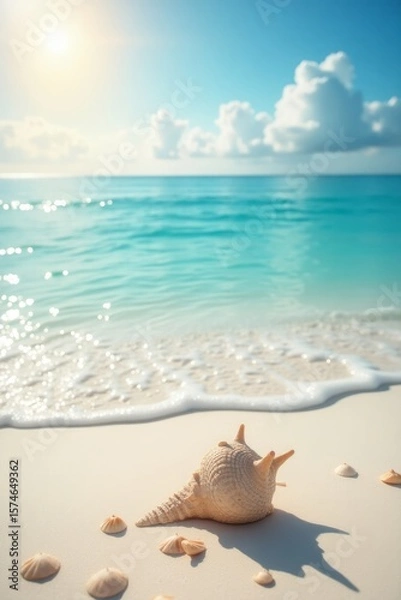 Fototapeta A serene scene of seashells placed on soft sandy beach, with the sun glinting off the surfaces