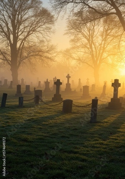 Fototapeta A foggy graveyard at dawn, where tombstones and trees appear in silhouette beneath the gentle sunrise glow.
