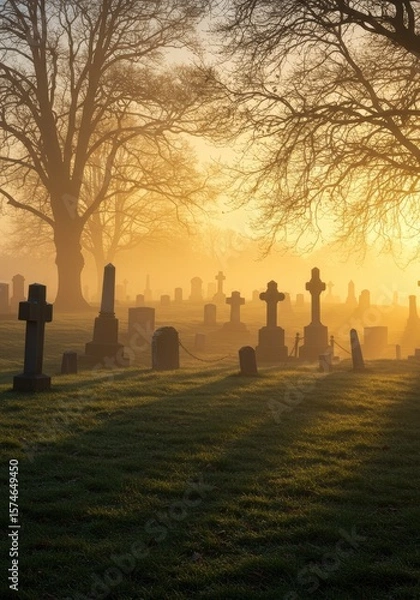 Fototapeta A foggy graveyard at dawn, where tombstones and trees appear in silhouette beneath the gentle sunrise glow.
