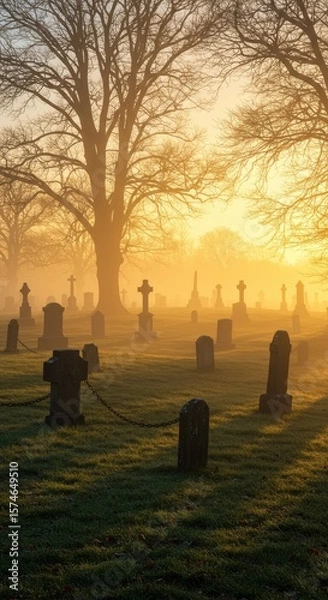 Fototapeta A foggy graveyard at dawn, where tombstones and trees appear in silhouette beneath the gentle sunrise glow.
