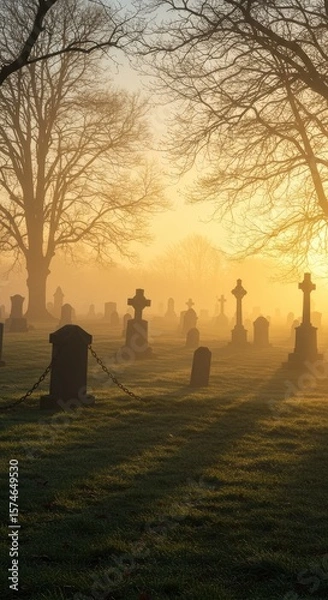 Fototapeta A foggy graveyard at dawn, where tombstones and trees appear in silhouette beneath the gentle sunrise glow.
