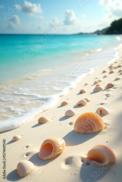 Fototapeta A serene scene of seashells placed on soft sandy beach, with the sun glinting off the surfaces