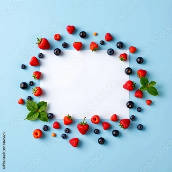 Obraz top view of fresh berries scattered randomly on a light blue background, empty white area across the bottom for overlay text