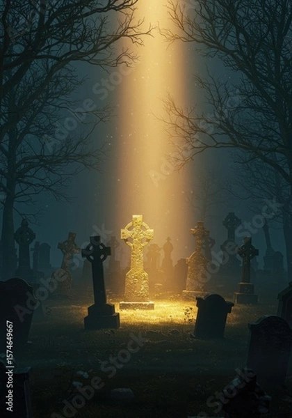 Fototapeta A foggy graveyard at dawn, where tombstones and trees appear in silhouette beneath the gentle sunrise glow.
