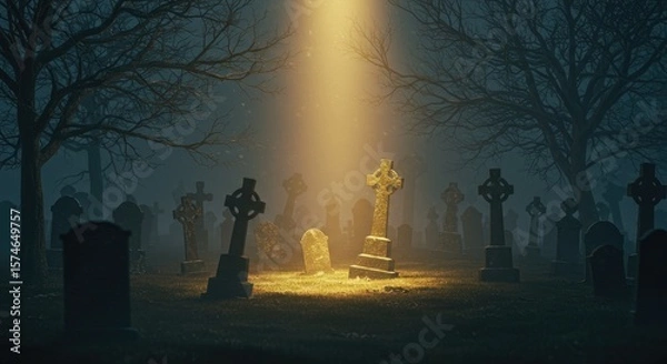Fototapeta A foggy graveyard at dawn, where tombstones and trees appear in silhouette beneath the gentle sunrise glow.
