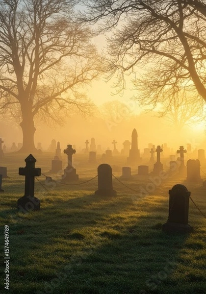 Fototapeta A foggy graveyard at dawn, where tombstones and trees appear in silhouette beneath the gentle sunrise glow.
