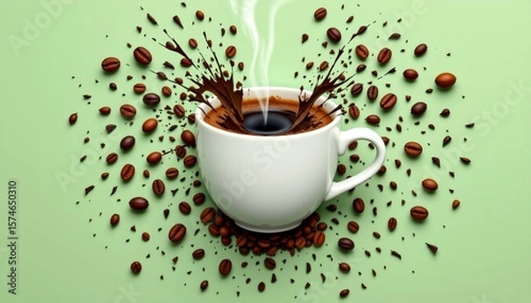 Fototapeta coffee cup breaking into fragments, each piece showing coffee, beans, steam, foam