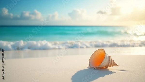Fototapeta A serene scene of seashells placed on soft sandy beach, with the sun glinting off the surfaces