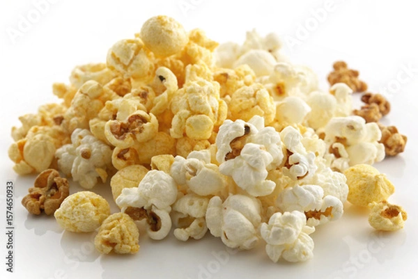Fototapeta Overhead view of scattered popcorn pieces, showcasing different shapes and a mix of classic and buttered.