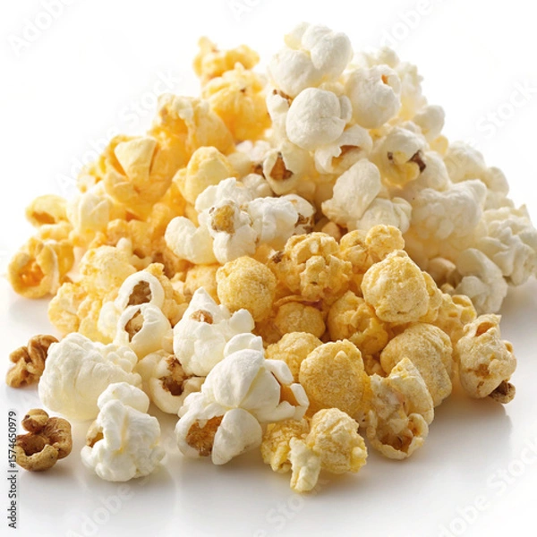Fototapeta An assortment of different popcorn kernels, from crisp white to fluffy buttered varieties, on a plain background.