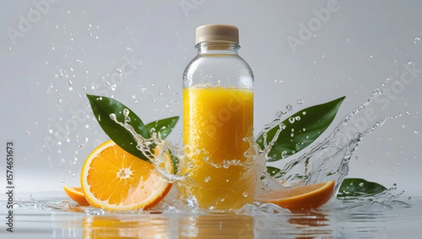 Fototapeta Fresh Orange Juice Bottle Splashing with Citrus Slices and Water on White Background