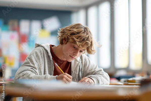 Obraz Student writes in classroom. Teenager does homework, study, learning concept for marketing, design, web use.