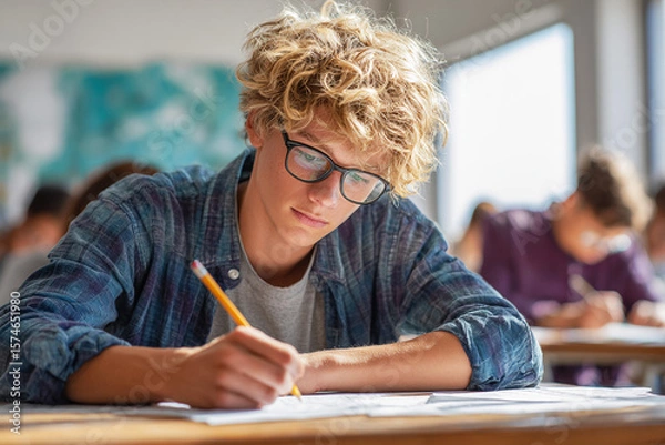 Obraz Teen student studies, writes in classroom. Blond boy focuses on exam, homework. School, learning, education concept. For editorial, marketing, web use.