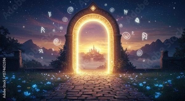 Fototapeta  An ancient gate, gazing at a winged golden rainbow above, flanked by magic symbols.