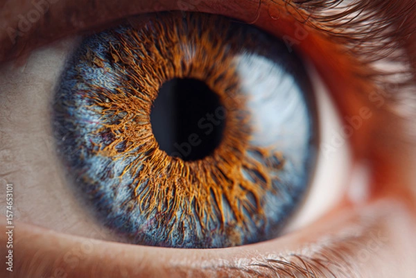 Obraz Eye sees everything. Macro shot features human eye with blue iris and brown details. Intense look for medical, science, or beauty concepts.