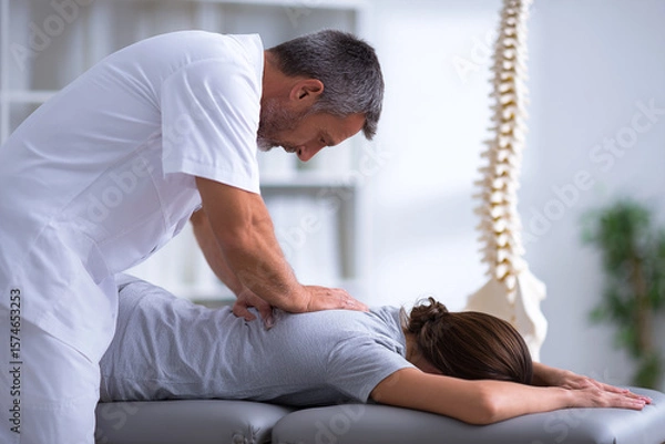 Obraz Chiropractor Adjusts Patient's Spine. Doctor performs spinal manipulation for back pain relief. Health concept. Use for marketing, healthcare, and web.