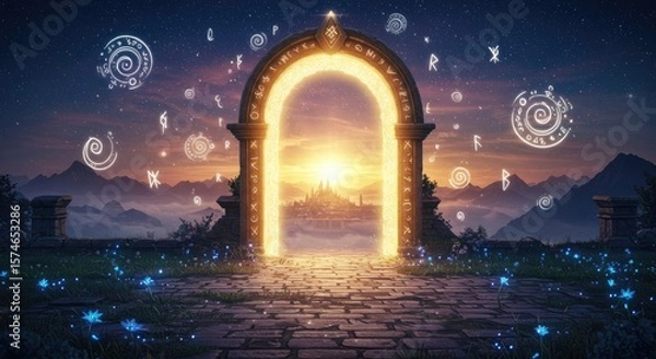 Fototapeta  An ancient gate, gazing at a winged golden rainbow above, flanked by magic symbols.