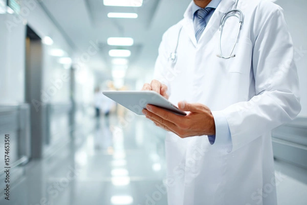 Obraz Doctor uses tablet in clinic hallway. Telemedicine, healthcare, and digital medicine concept. For marketing, design, editorial, web use.