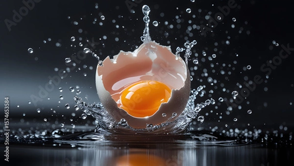 Fototapeta Raw Egg Splash in Mid-Air Impact with Yolk and Shell Explosion on Dark Background