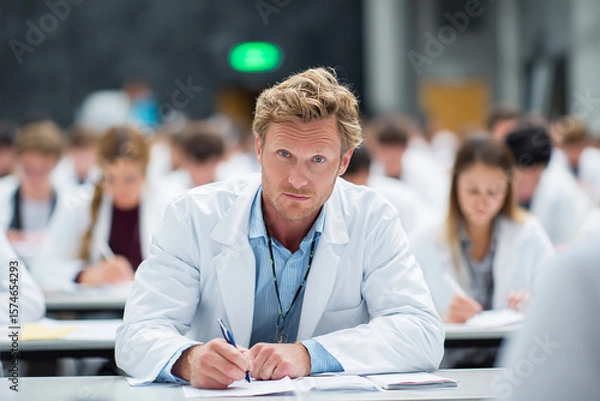 Obraz Medical student writes notes in classroom. Education, training, medicine, science, health, academy. Suitable for marketing, editorial, website.