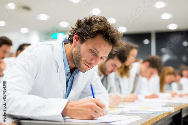 Obraz Medical student writes in lecture hall. Education concept. Use for design, marketing, or editorial.