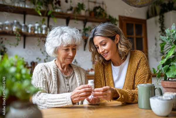 Obraz Woman helps senior with medication at home. Shows care, family, health. Useful for ads, web, design.