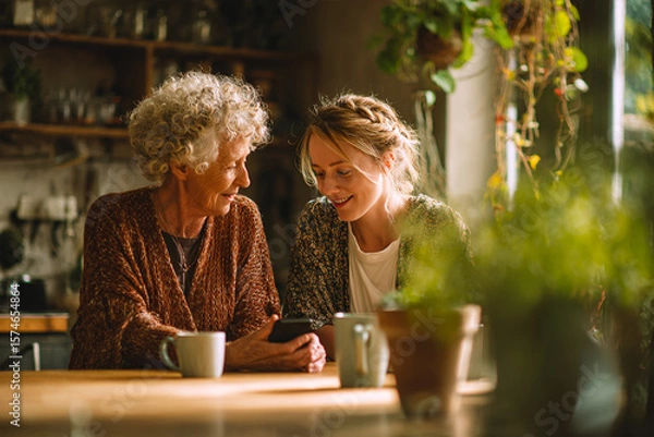 Obraz Generations connect as grandma & granddaughter use phone in a cozy, green kitchen. Ideal for family, lifestyle, tech marketing, web content.