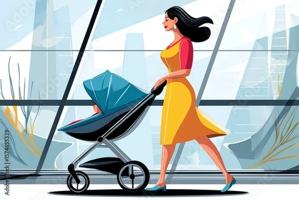Fototapeta Woman in yellow dress pushing a stroller with a child, walking through a modern glass building, showcasing urban lifestyle and family dynamics in a vibrant environment