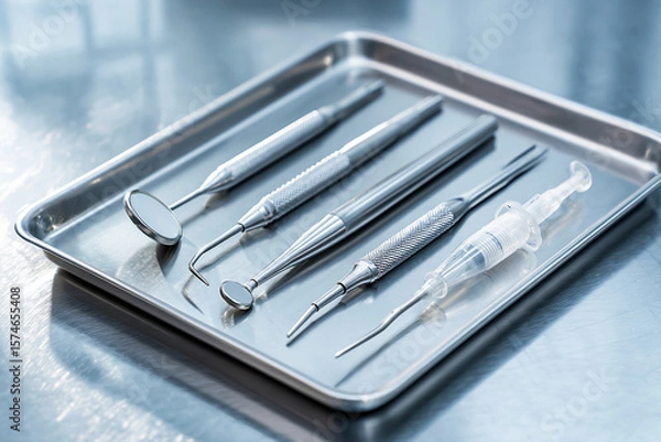 Obraz Dental Tools on Tray Await Use. Sterile equipment, clean, silver. Healthcare, hygiene, oral care. For marketing, web design, editorial use.