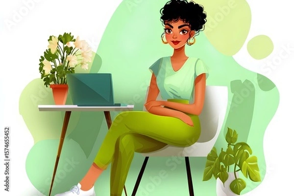 Fototapeta Young woman with curly hair sits at a desk with a laptop, surrounded by plants, in a bright and inviting workspace, showcasing the essence of remote work and productivity