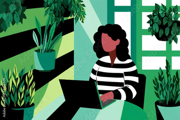 Fototapeta Woman working remotely on laptop in a vibrant indoor garden, surrounded by lush green plants, showcasing a modern workspace with natural light and a calming atmosphere