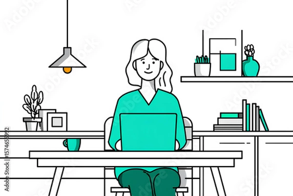 Fototapeta Illustration of a woman working remotely at a desk with a laptop, surrounded by plants and books, creating a cozy and productive home office environment