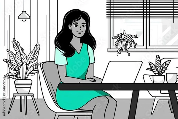 Fototapeta Woman working remotely at a stylish home office, seated at a modern desk with a laptop, surrounded by indoor plants and natural light, showcasing a productive workspace atmosphere