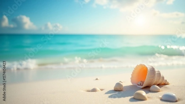 Fototapeta A serene scene of seashells placed on soft sandy beach, with the sun glinting off the surfaces