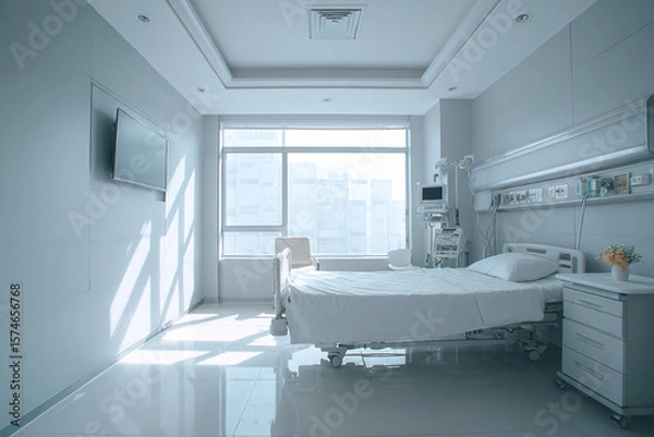 Obraz Hospital room stands empty, ready for new patient. Clean, modern design. Healthcare marketing, editorial, and web use.