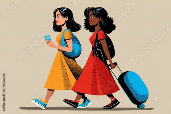 Fototapeta Two joyful young women in bright summer dresses walk arm-in-arm pulling a shared suitcase, their laughter and colorful outfits embodying the excitement of a shared adventure.