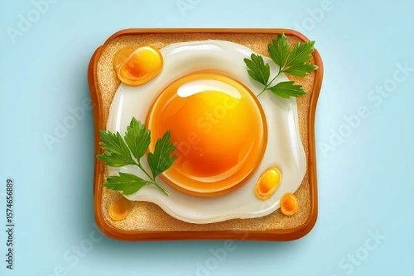Fototapeta Healthy start illustration - vector-style egg and whole grain toast with fresh parsley sprigs, presented in modern flat design on light blue backdrop.
