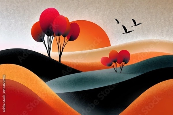 Fototapeta Serene abstract composition balancing warm hills with bold tree silhouettes and a calming sky gradient.