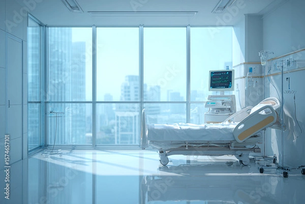 Obraz Hospital room with bed and medical equipment. Healthcare concept. Modern clinic, bright, clean. Use for marketing, editorial, web.