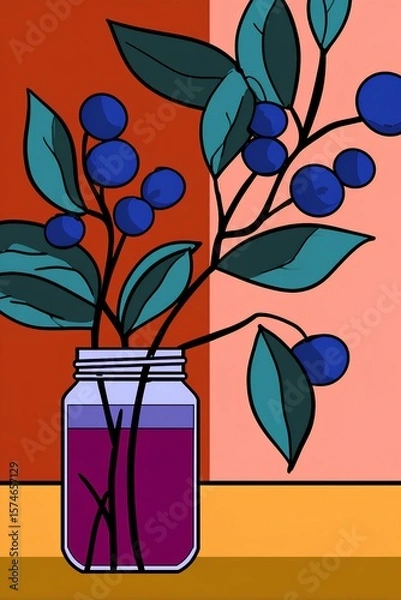 Fototapeta Colorful flat illustration of a glass jar filled with purple liquid, featuring vibrant blue berries and green leaves, set against a contrasting background of warm tones