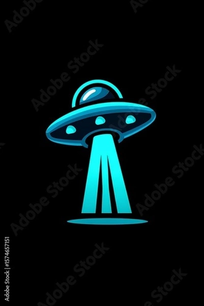Fototapeta Massive circular UFO dominates the frame as it deploys a wide conical light beam ton a black background.