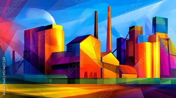 Fototapeta Vibrant abstract illustration of an industrial landscape featuring colorful geometric shapes, smokestacks, and buildings against a bright blue sky, representing modern manufacturing and energy
