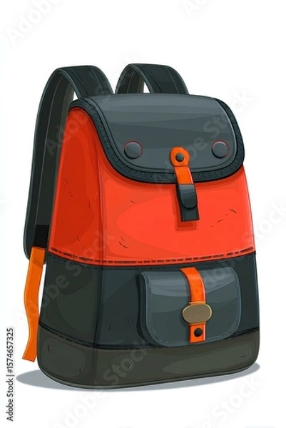 Fototapeta Stylish black and orange backpack illustration featuring a flap closure, adjustable straps, and a front pocket, ideal for school or outdoor activities with a modern design