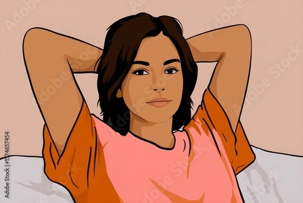 Fototapeta Energetic and calm moment captured as a woman stretches in bed, surrounded by soft hues and light textures.