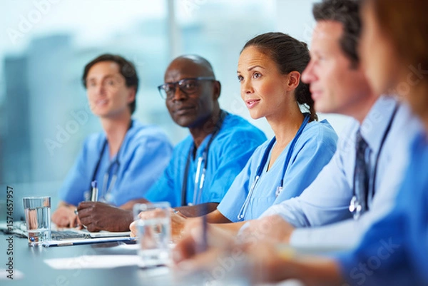 Obraz Medical Professionals Meet: Doctors Conferring. Team discusses patient care, policy, or research. Modern, bright setting. Suitable for health, business, or editorial use.