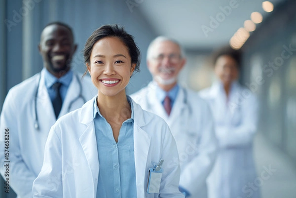 Obraz Smiling doctor leads diverse medical team. Doctors stand in hospital hall. Concepts: teamwork, healthcare reform, success. For web use, marketing, ads.