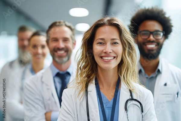 Obraz Confident Medical Team Smiles, Stands Together. Shows teamwork, collaboration, healthcare. For marketing, web, and editorial use.