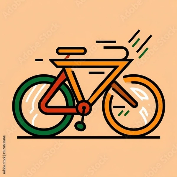 Fototapeta Colorful bicycle illustration featuring vibrant wheels and a lively frame, set against a soft beige background for a fun and artistic vibe.