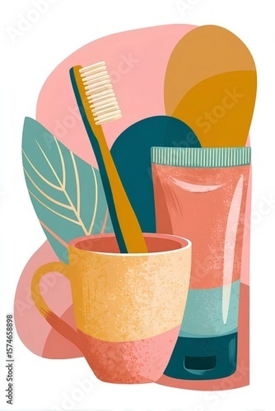 Fototapeta Contemporary bathroom organization concept - rainbow toothbrushes standing upright with toothpaste in rustic mug creates stylish yet functional composition.