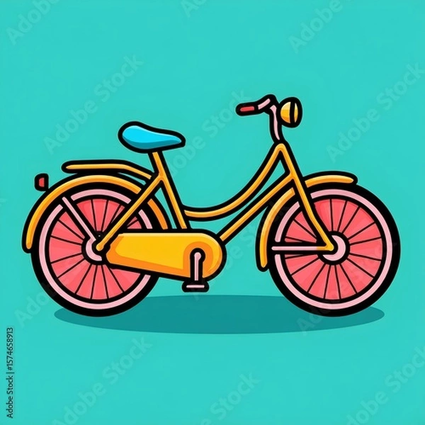 Fototapeta Artistic bicycle artwork with vivid wheels and frame, creating a cheerful contrast with the soft, minimal blue background.